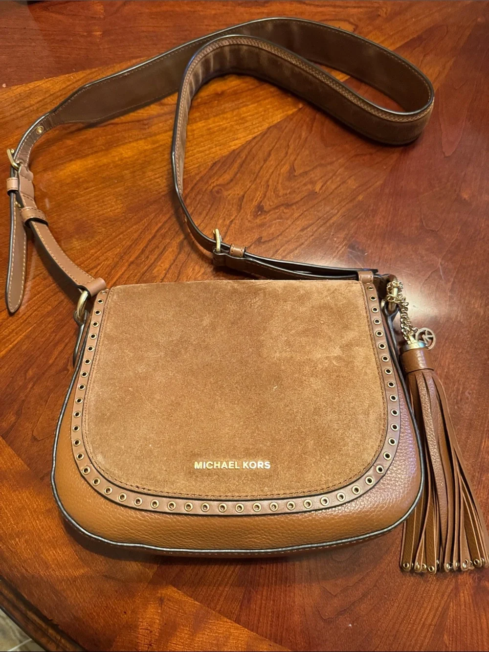 Michael Kors Tan & Brown Suede Leather Crossbody Bag